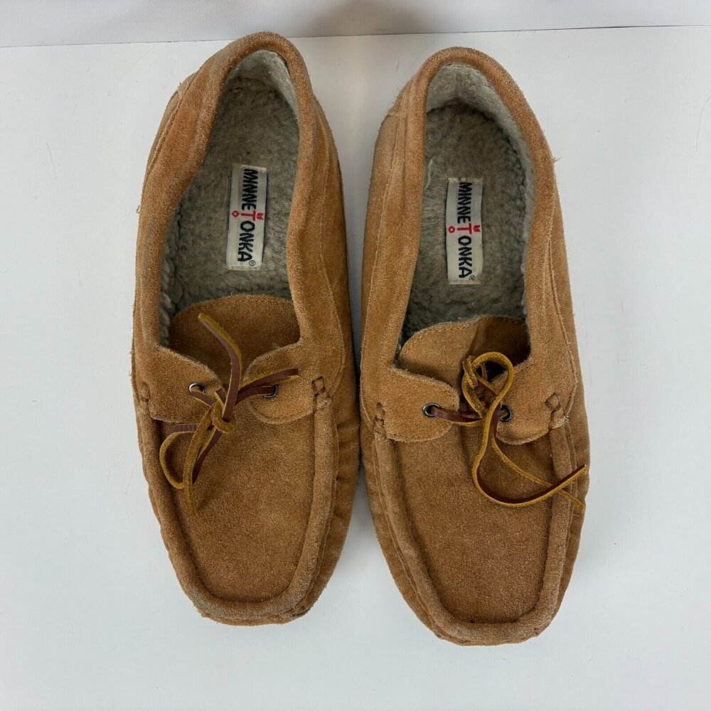Minnietonka Leather Lace Softsole Slippers Mens Size 12 Tan Brown - Picture 3 of 7